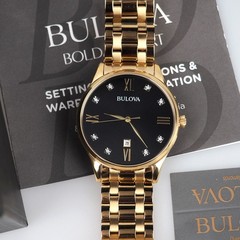 Bulova 97D108 Classic Diamond Black Dial Gold Stainless Steel Quartz Men’s Watch