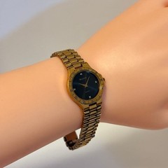 Bulova Gold Wristwatch Diamond Quartz Ladies Black Japan Working 07218
