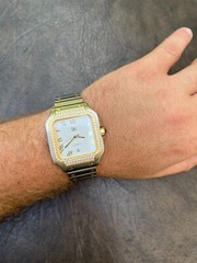 Real Mens 2.5ct MOISSANITE Watch Two Tone Gold Plated Automatic White Pearl Face