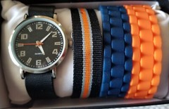 NIB Unbranded Silver Tone Watch & 4 Nylon, Rubber & Faux Leather Band New Batt.