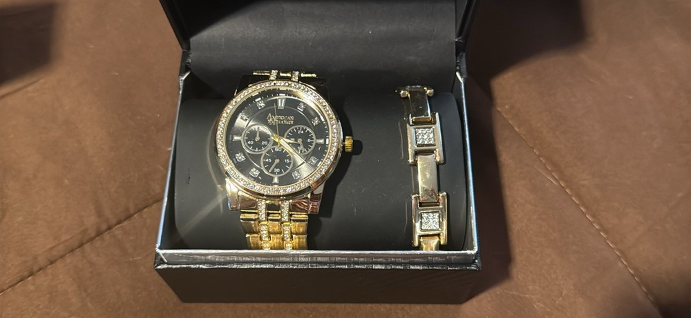 American Exchange Women’s Gold-Tone Watch Black Dial Gem-Set Bezel Quartz Box