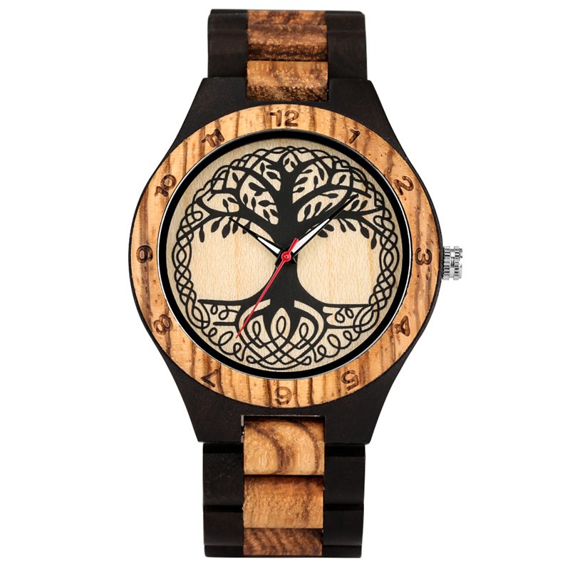 Two-Tone Brown Wooden Watch Men Women Full Wood Tree of Life Arabic Numeral Case