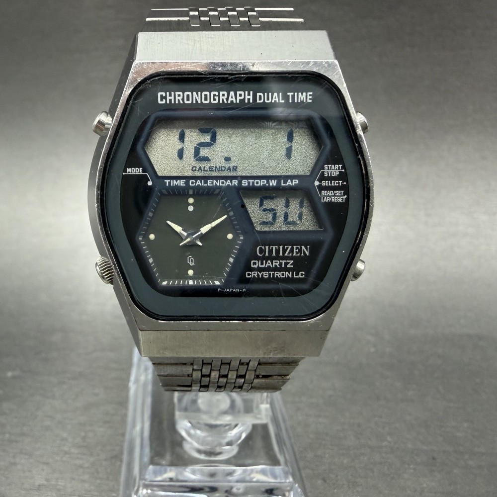 Citizen Analog Digital Watch Men 35mm Black Dial Silver Tone Dual Time New Batt