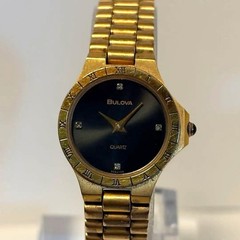 Bulova Gold Wristwatch Diamond Quartz Ladies Black Japan Working 07218