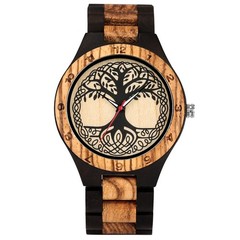 Two-Tone Brown Wooden Watch Men Women Full Wood Tree of Life Arabic Numeral Case