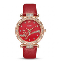 Women’s Red Leather Strap Quartz Watch Round Dial Casual Fashion Used Working