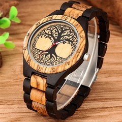 Two-Tone Brown Wooden Watch Men Women Full Wood Tree of Life Arabic Numeral Case