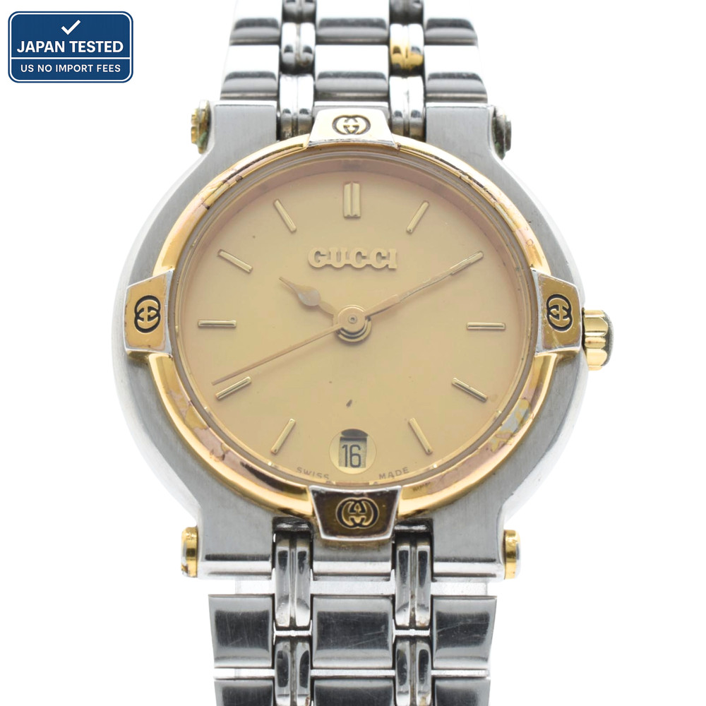 GUCCI 9000L Quartz Women’s Watch Gold Dial Two Tone Stainless Bracelet 25mm