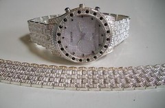 Men black & clear stone silver finish fashion hip hop watch & bracelet set