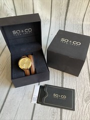 SO & CO New York, Quartz Leather Double Wrap Strap Gold & Brown NEW In Box