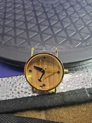 Consort Analog Wood Grain Beige Dial Brown Leather Stainless Steel Wristwatch
