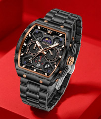 Men’s Black Dial Luxury Wristwatch Gold Trim Analog Stainless Bracelet Watch
