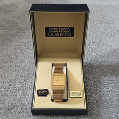 Seiko Quartz Men’s Rectangular Gold Tone Analog Watch, SS Bracelet, Box