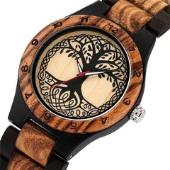 Two-Tone Brown Wooden Watch Men Women Full Wood Tree of Life Arabic Numeral Case