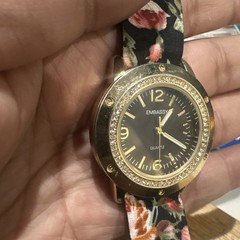 Works EMBASSY Ladies Watch Gold Crystal Tone New Battery Floral Strap 36mm Fit 7