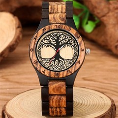 Two-Tone Brown Wooden Watch Men Women Full Wood Tree of Life Arabic Numeral Case