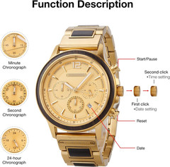 Men’s GT187 Wooden Chronograph Watch – Japanese Quartz, 44mm Stainless Steel