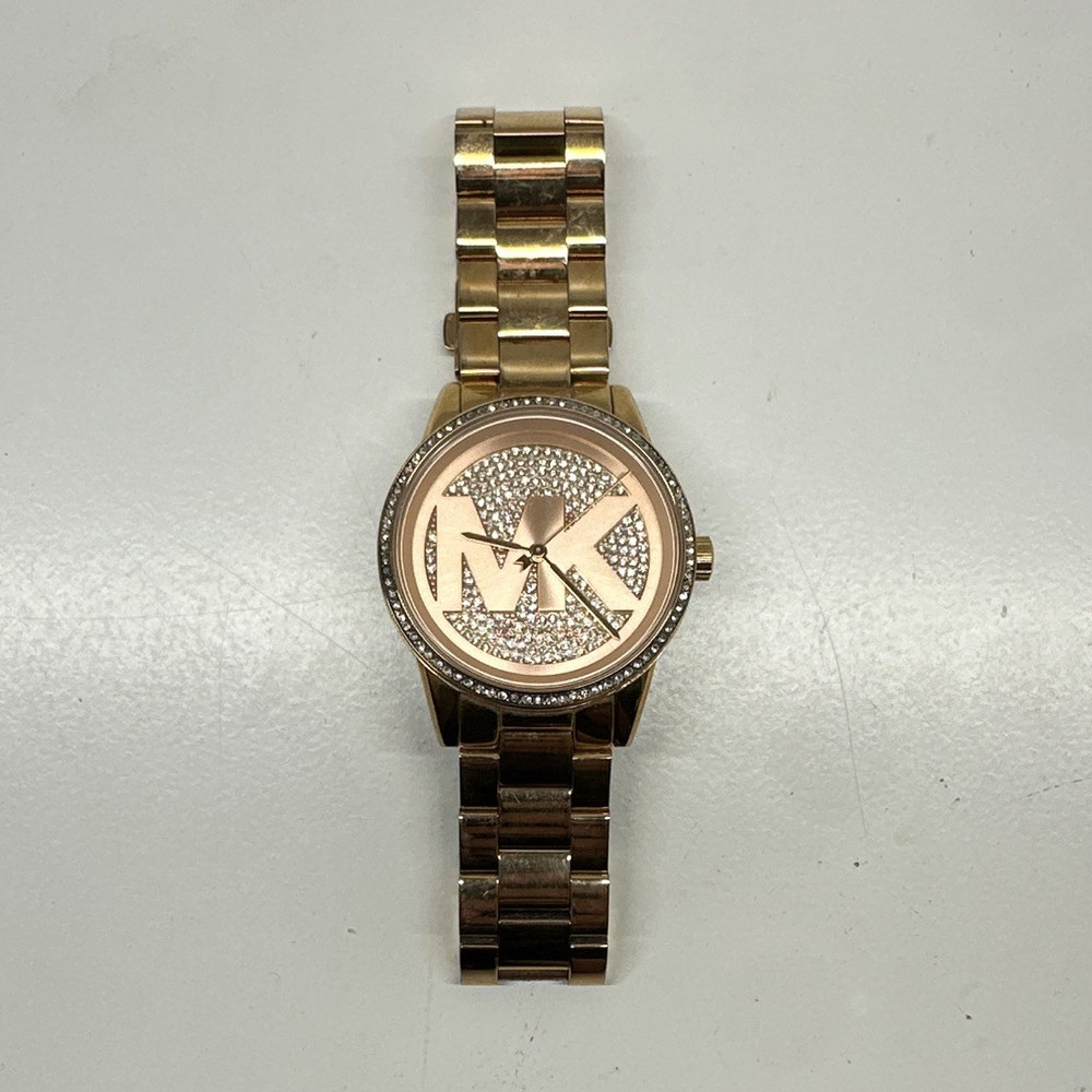 Michael Kors Women’s Gold Tone Quartz Analog Logo Dial 39mm Gem Bezel Watch
