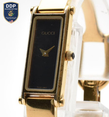 [Exc+3] GUCCI 1500L Bangle Watch Black Dial Gold Plated Ladies Quartz 15cm JAPAN
