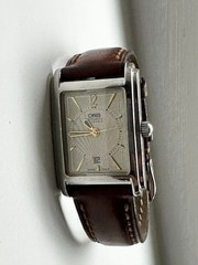 Vintage Oris Rectangular Date Automatic Guilloché Dial Stainless Steel Watch ~19