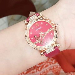 Women’s Red Leather Strap Quartz Watch Round Dial Casual Fashion Used Working