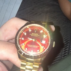 Rolex Datejust Red Dial Diamond Markers Fluted Gold Bezel Date Automatic