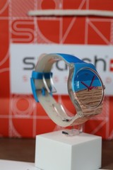 New Limited Swiss Swatch Watch BLUE PINE SUOK706 41MM Blue Wood Grain Inspired