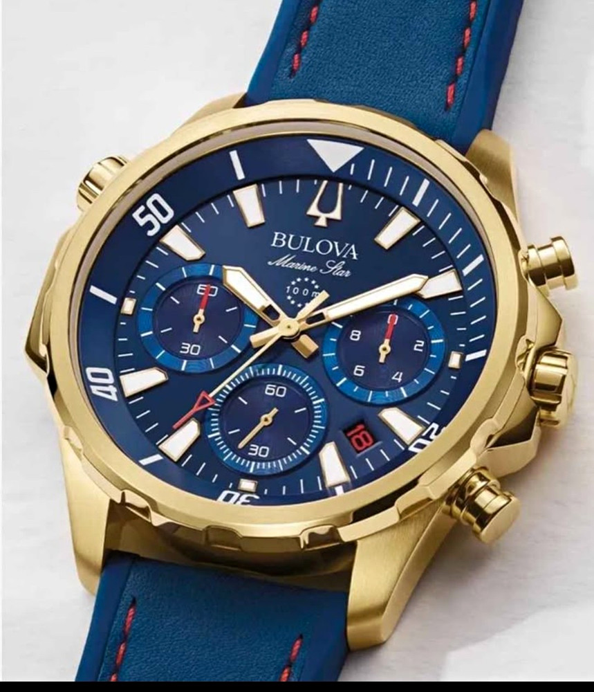 Bulova Marine Star Mens 44mm Quartz Chronograph Date 100m Blue/Gold Silicone
