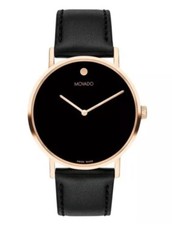 Brand New Movado Signature Men’s Rose Gold Black Leather Band Watch 0607742