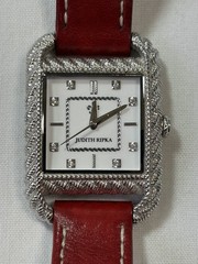 Judith Ripka Women’s Square Quartz Watch Red Brown Leather Strap Runs