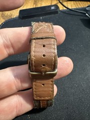 Wilson Embossed 3D Brass Tone Quartz Watch Brown Leather & Green Nylon Band Read