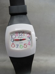 Curfew Quartz Watch Multicolor Numbers, White Bezel, Black Band, New Battery