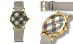 NEW Rousseau 9913 Women’s Medley Plaid Print Diamond Dial Beige Strap Watch
