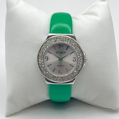 Studio Time Womens Watch 31mm Silver Tone Spring Green Crystals Cuff New Battery