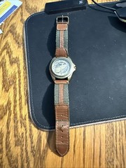 Wilson Embossed 3D Brass Tone Quartz Watch Brown Leather & Green Nylon Band Read
