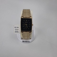 Armitron 20 / 1576 Gold Tone Rectangle Quartz Watch Black Dial Stretch Band NOS
