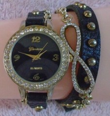 Geneva Quartz Watch Black Suede Wrap Around Strap with Gold Dots & Rhinestones +