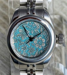 Small Case Automatic Watch, Turquoise Floral Engraved Dial, Stainless Steel
