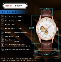 LONGLUX Mechanical Skeleton Watch Men Business Leather Band Roman Numerals 3Bar