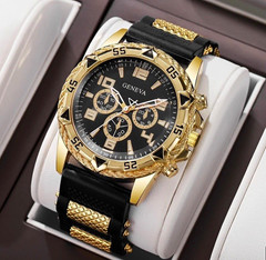 Geneva Men’s Quartz Analog Chronograph Watch Black Silicone Band Black/Gold Dial