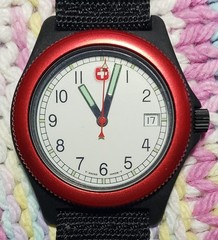 *SCARCE* RARE ED. Swiss Made men’s watch red bezel ivory dial black case & strap