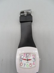 Curfew Quartz Watch Multicolor Numbers, White Bezel, Black Band, New Battery