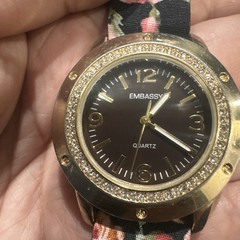 Works EMBASSY Ladies Watch Gold Crystal Tone New Battery Floral Strap 36mm Fit 7