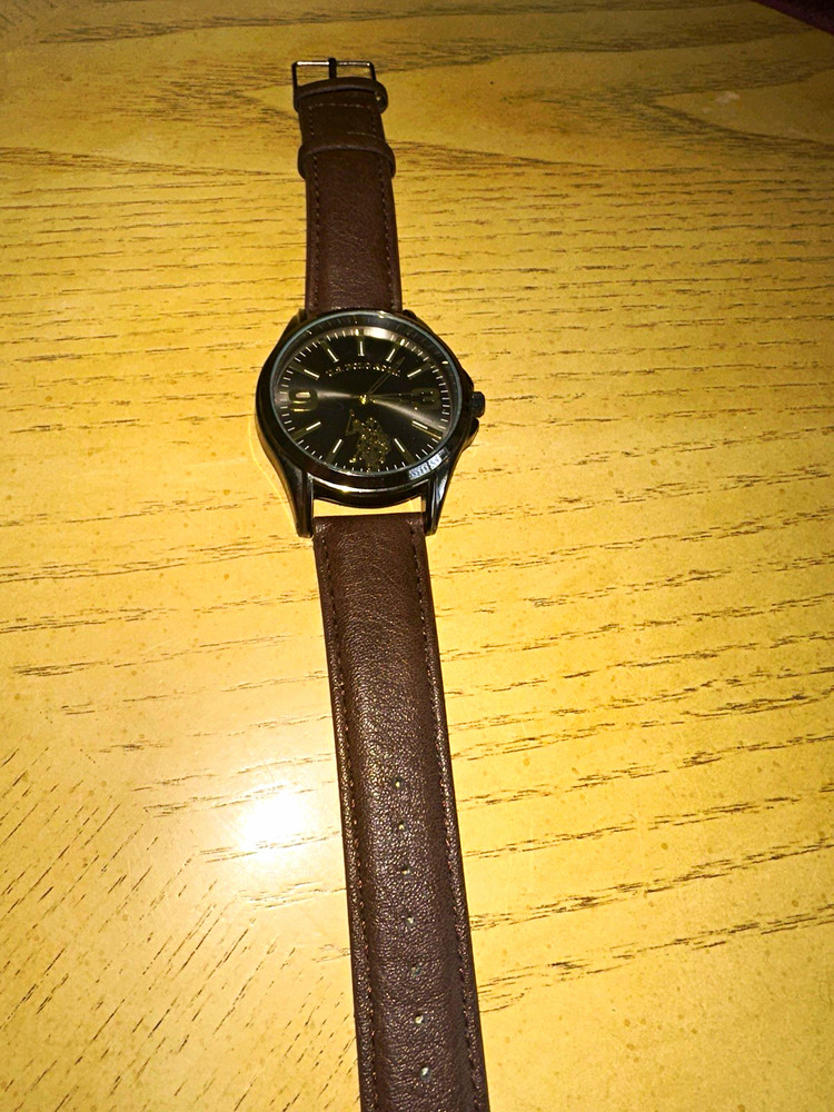 U.S. Polo Assn. Men’s Quartz Analog Watch Black Dial Brown Leather Strap 42mm