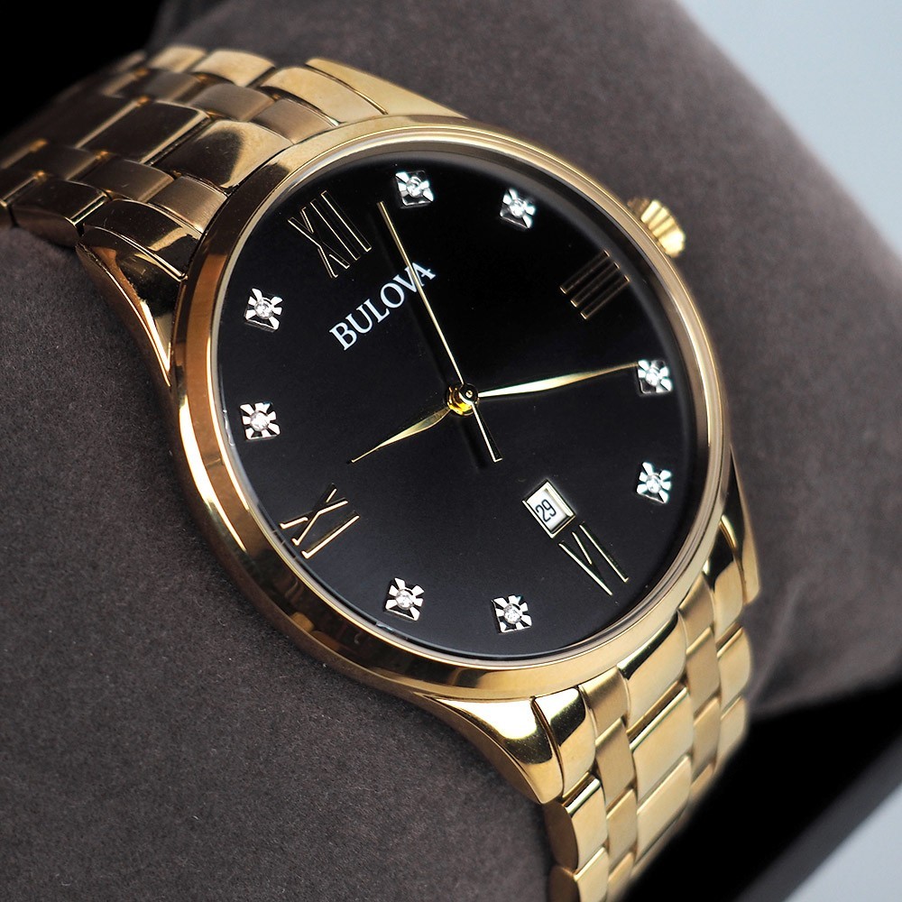 Bulova 97D108 Classic Diamond Black Dial Gold Stainless Steel Quartz Men’s Watch