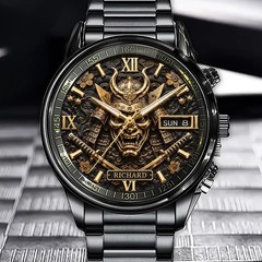 Personalized Japanese Samurai Design Watch – Custom Name Engraved Timepiece
