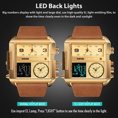 Men’s Triple Sub-Dial Quartz Watch Genuine Leather 3 Timezone Stopwatch Gold