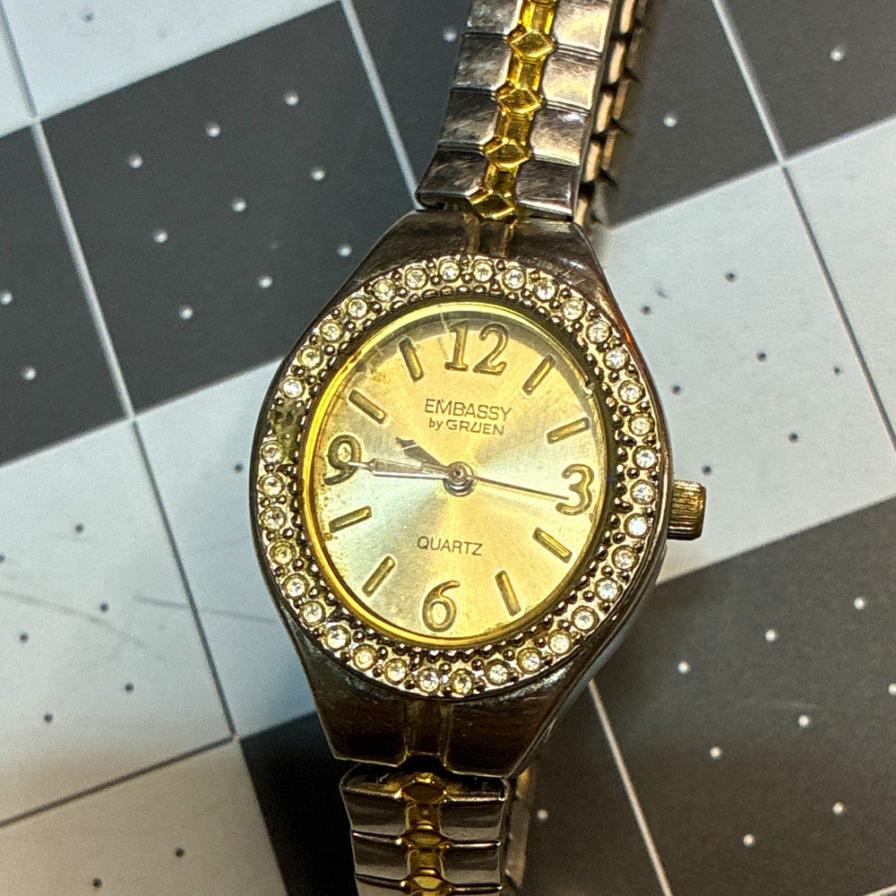 Vintage Embassy by Gruen Women Quartz Watch Two Tone Rhinestone Bezel GEM2511L