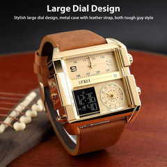 Men’s Triple Sub-Dial Quartz Watch Genuine Leather 3 Timezone Stopwatch Gold