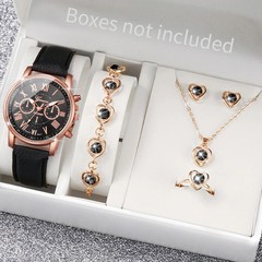 5/6PCS Women’s Quartz Watch Set Leather Band Rhinestone Heart Jewelry Gift